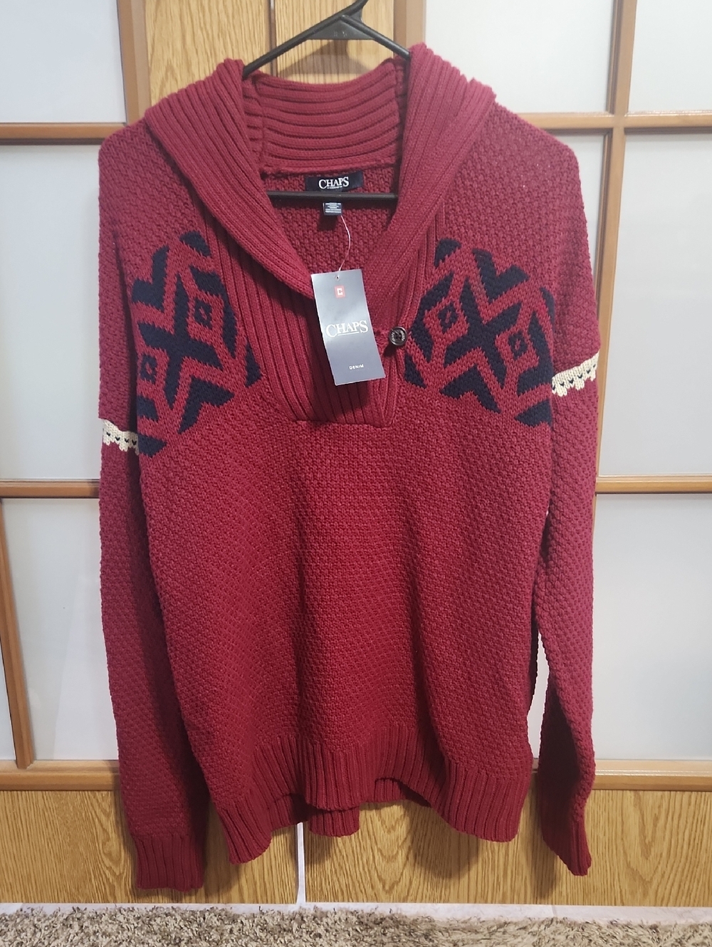 Chaps Women's Burgundy Navy And Cream Shawl Collar Knit Pattern Sweater XL NWT